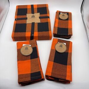 Well Dressed Home Fall Black & Orange Plaid Tablecloth and 12 Napkins Set